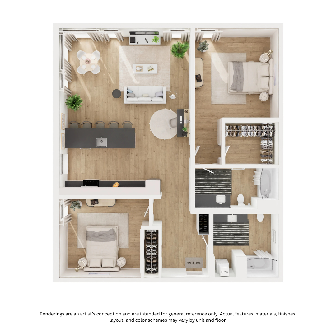 Floor plan for 2 beds, 2 baths, 1085 sqft